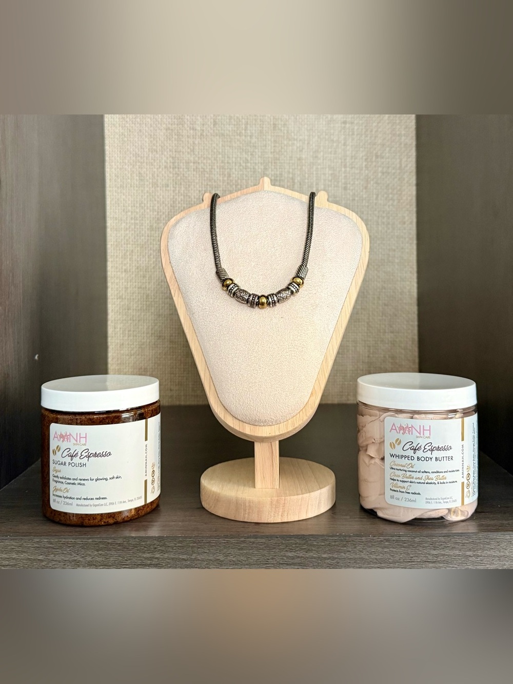 Aminnah Cafe Espresso Scrub & Butter Brighton Two Toned Necklace